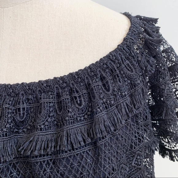 INC Black Lace Fringe Short Sleeve Blouse Sz M - Picture 3 of 10